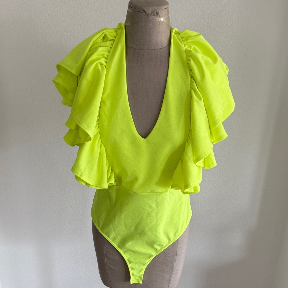 Fashion Nova Neon Yellow Ruffle Bodysuit